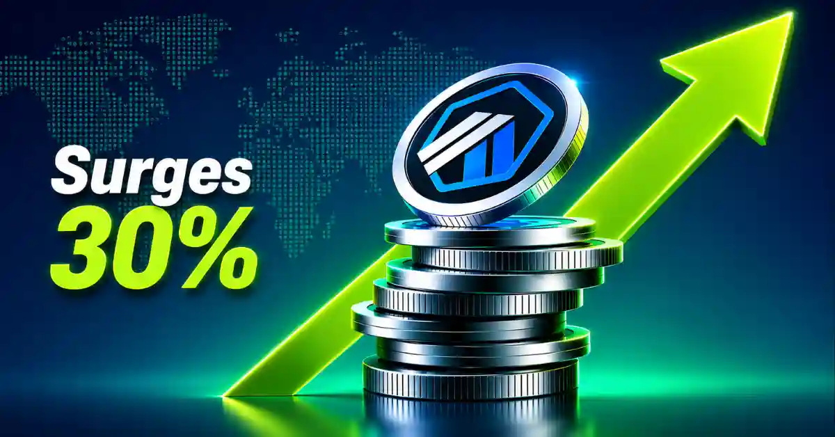 Arbitrum token atop stacked coins with a 30% surge text and green arrow.