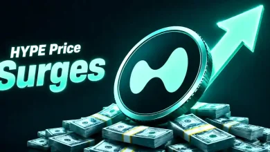 Hyperliquid coin on cash stacks with glowing green price surge arrow.
