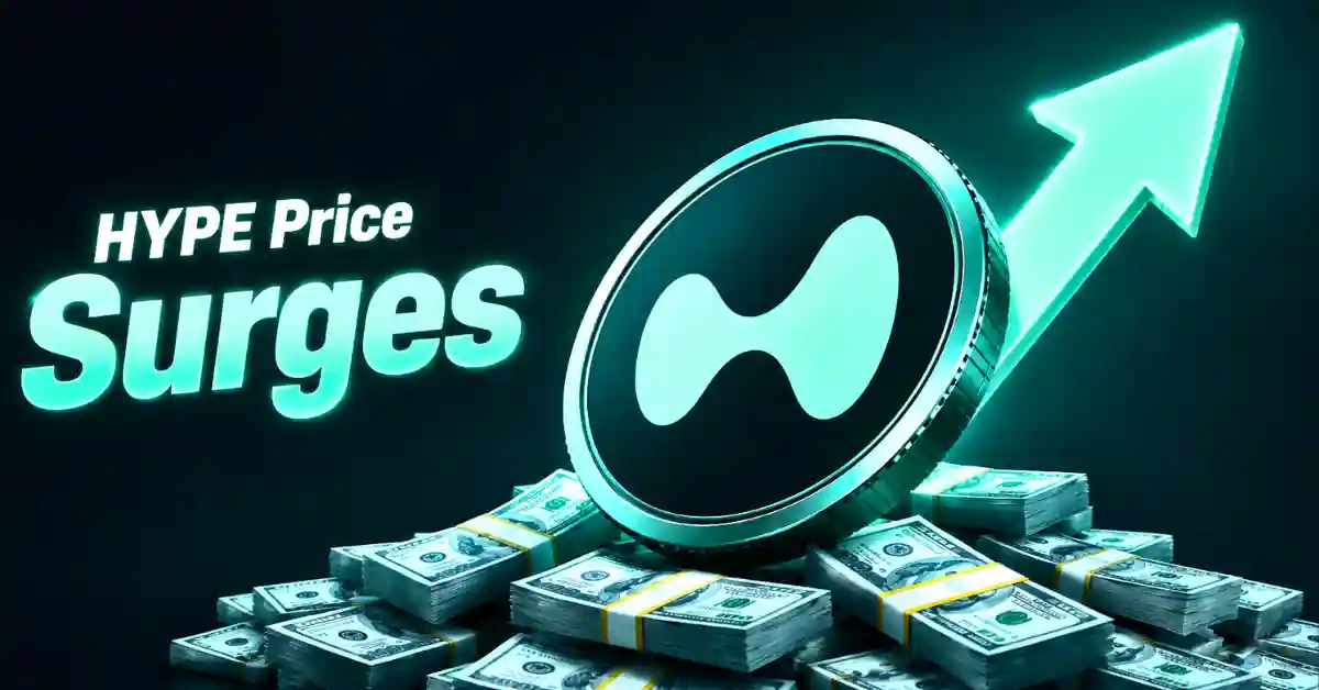 Hyperliquid coin on cash stacks with glowing green price surge arrow.