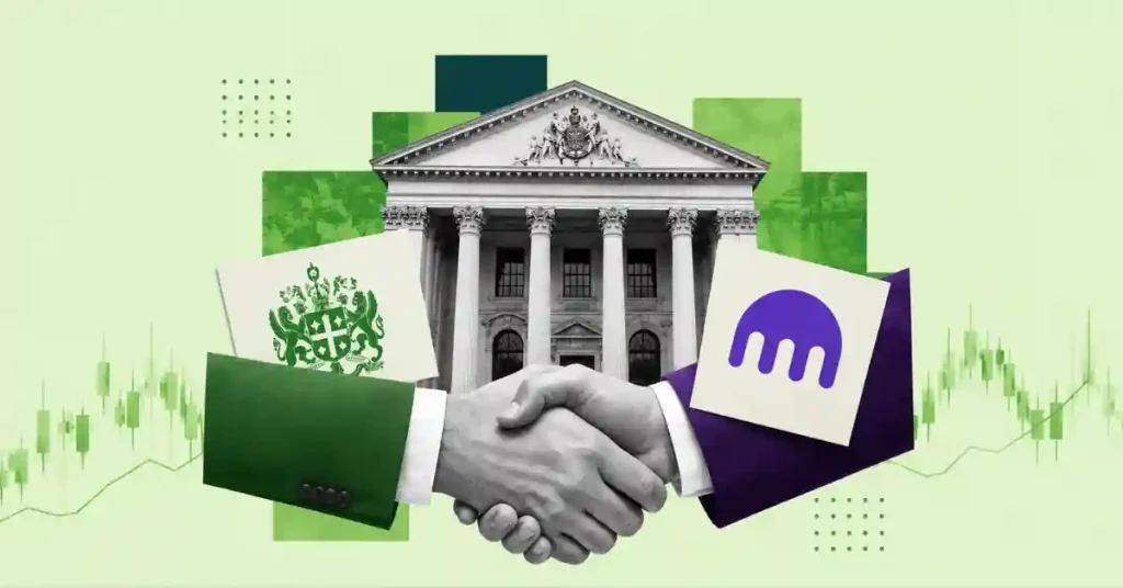 Handshake between UK authority and Kraken exchange in front of court building.