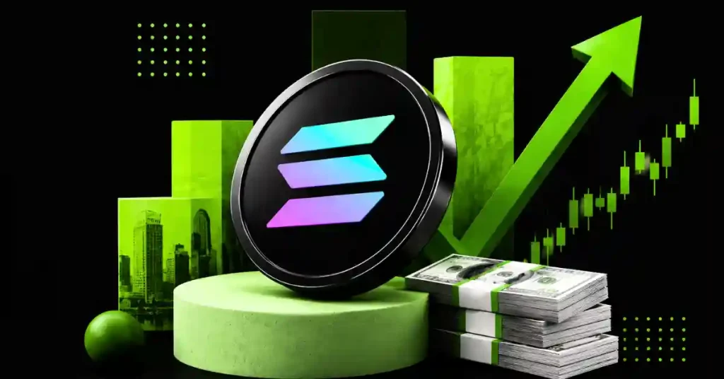 Solana coin on platform with cash stacks and green growth arrow.