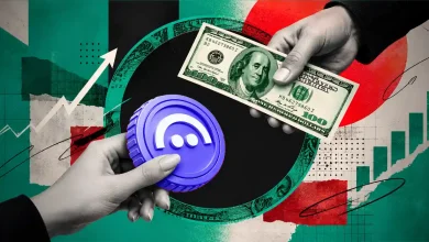 Hand holding purple Aave coin trading for a 100-dollar bill with growth charts