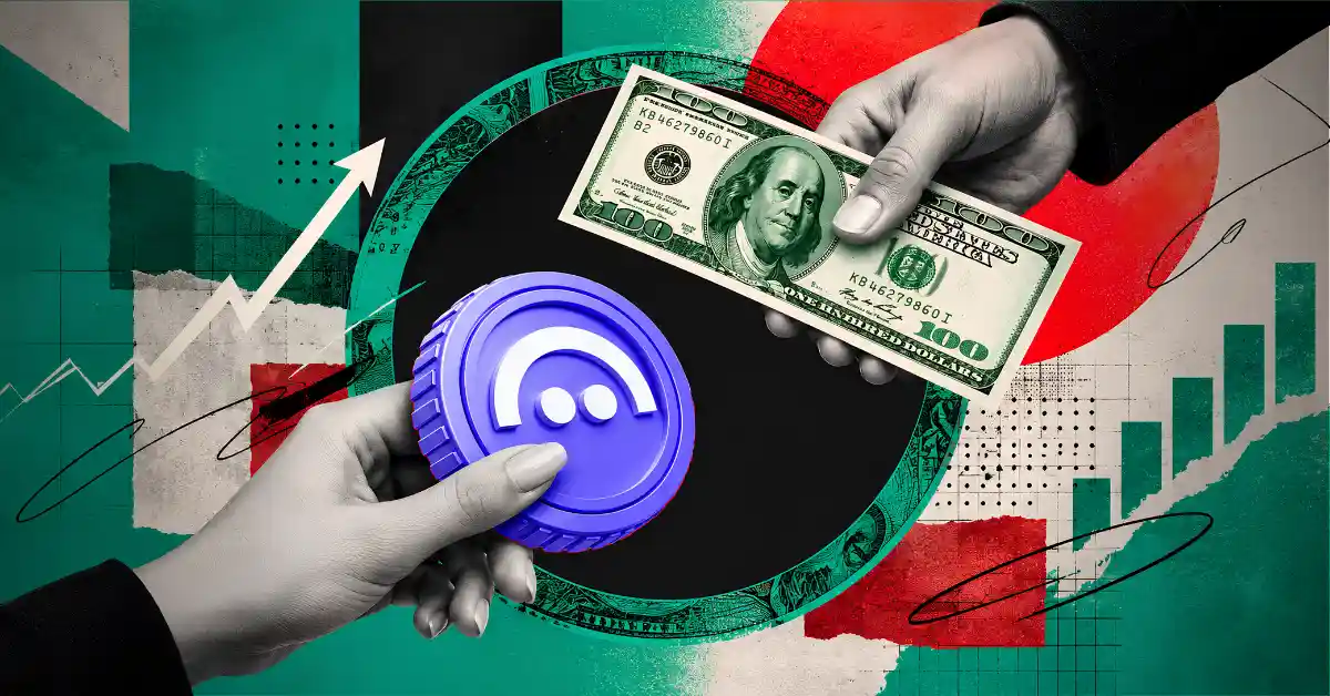 Hand holding purple Aave coin trading for a 100-dollar bill with growth charts