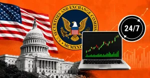 US Capitol building, SEC seal, laptop with trading chart, and 24/7 icon.