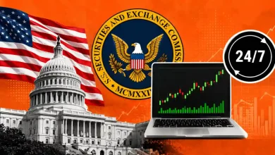 US Capitol building, SEC seal, laptop with trading chart, and 24/7 icon.