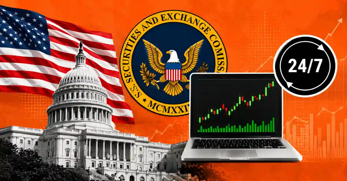 US Capitol building, SEC seal, laptop with trading chart, and 24/7 icon.