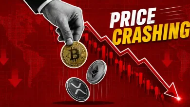 Hand dropping BTC, ETH, and XRP coins along downward chart line.