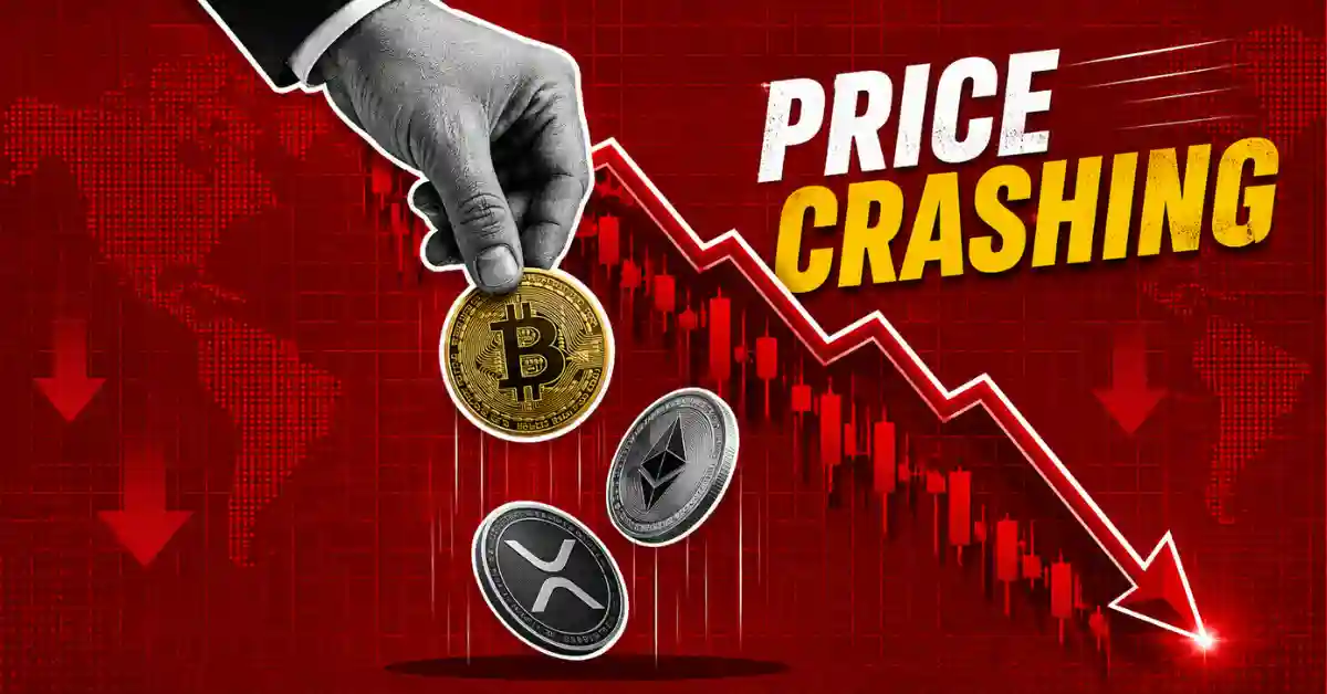 Hand dropping BTC, ETH, and XRP coins along downward chart line.