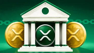 Bank building with green XRP logo in entrance and gold XRP coins.