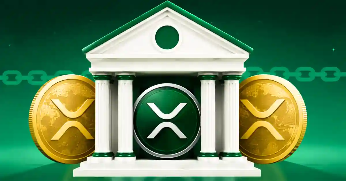 Bank building with green XRP logo in entrance and gold XRP coins.
