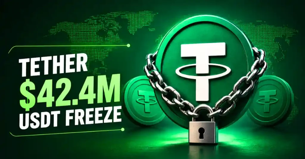 Chained USDT token with padlock next to $42.4M freeze text.