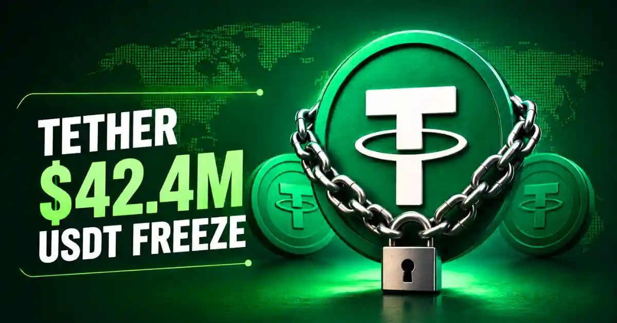 Chained USDT token with padlock next to $42.4M freeze text.