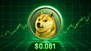 Dogecoin token displayed with $0.081 text over a green chart background.