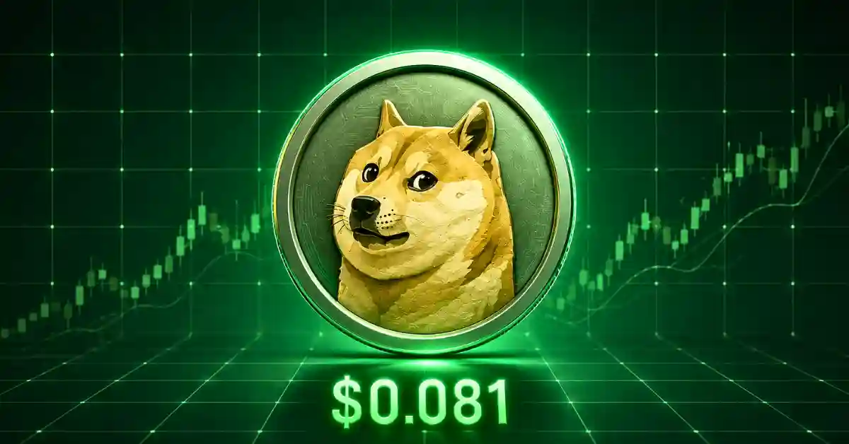 Dogecoin token displayed with $0.081 text over a green chart background.