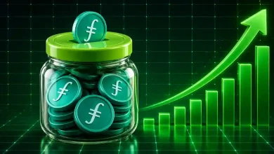 Glass jar filled with Filecoin tokens beside a rising green price graph.