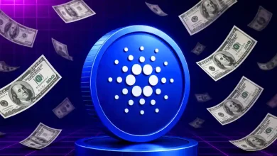 Blue Cardano coin surrounded by falling US dollar bills.