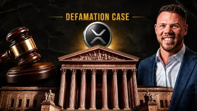 Jake Claver beside a courthouse, wooden gavel, and XRP logo.