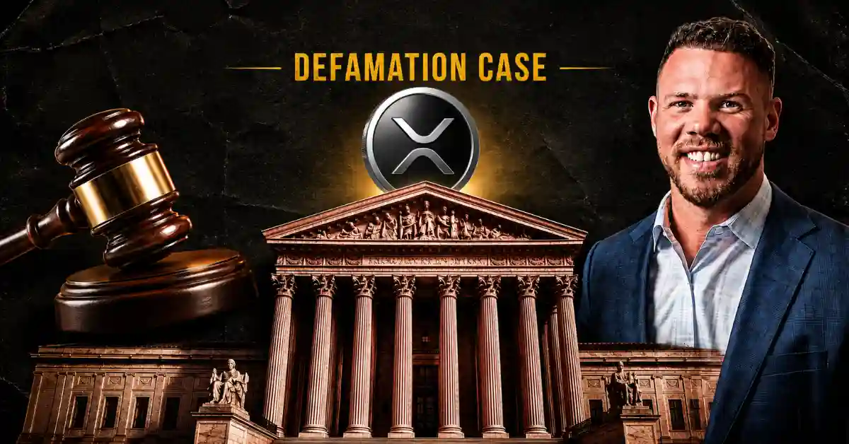 Jake Claver beside a courthouse, wooden gavel, and XRP logo.