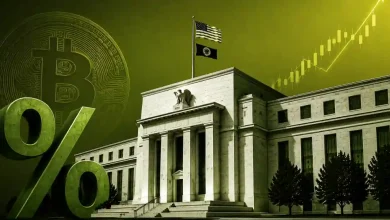 Federal Reserve building with green percentage symbol and Bitcoin logo.