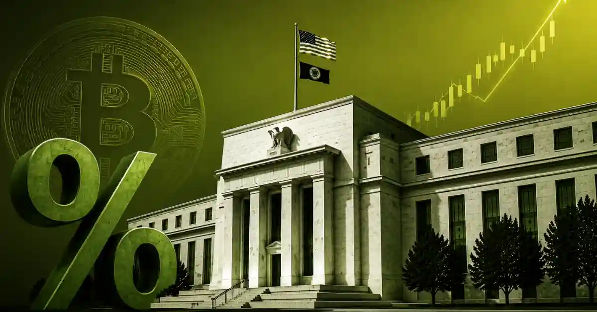 Federal Reserve building with green percentage symbol and Bitcoin logo.