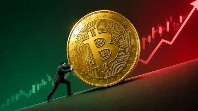 Man pushing giant gold Bitcoin uphill against rising chart line.