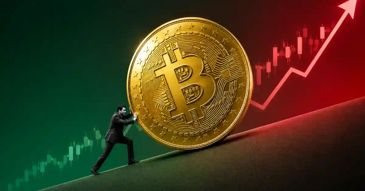 Man pushing giant gold Bitcoin uphill against rising chart line.