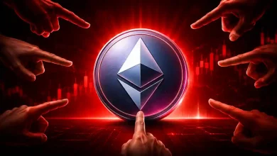 Glowing Ethereum logo surrounded by pointing hands on a red background.
