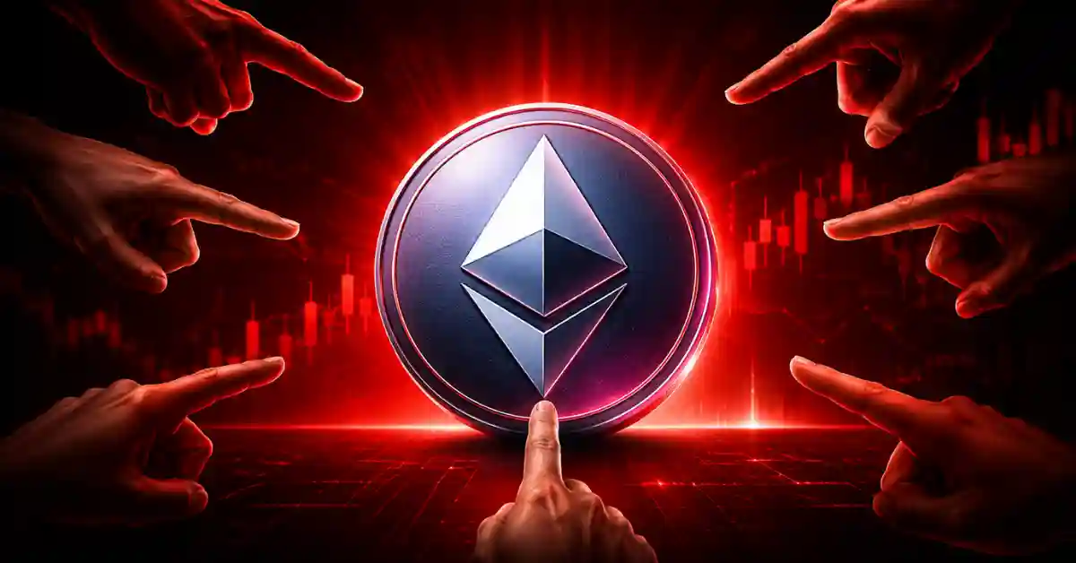 Glowing Ethereum logo surrounded by pointing hands on a red background.
