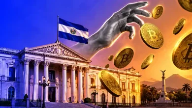 Giant hand placing gold Bitcoin coins near El Salvador presidential palace.