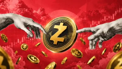 Two hands reaching toward a gold Zcash coin over red chart background.