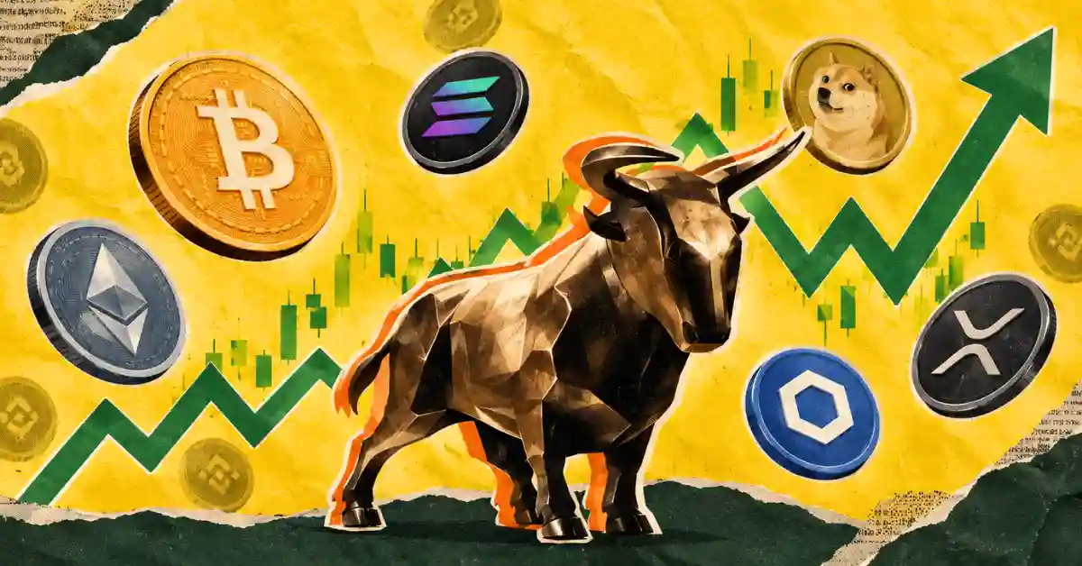 Golden bull charging ahead of Bitcoin, Ethereum, and altcoin tokens.