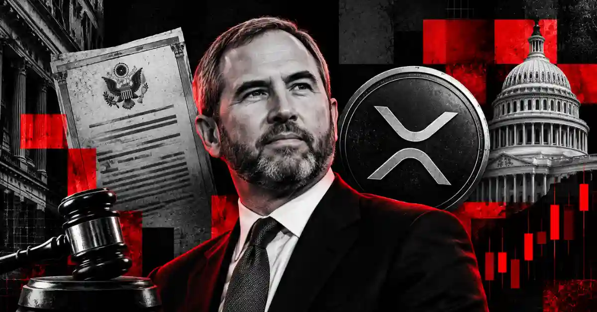Brad Garlinghouse with XRP logo, US Capitol, legal document, and gavel.