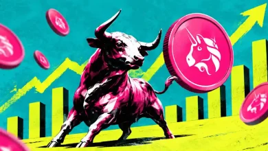Bull charging beside Uniswap (UNI) coins and rising chart.