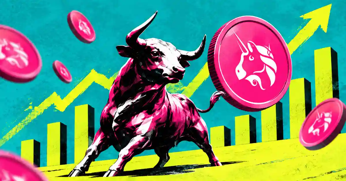 Bull charging beside Uniswap (UNI) coins and rising chart.