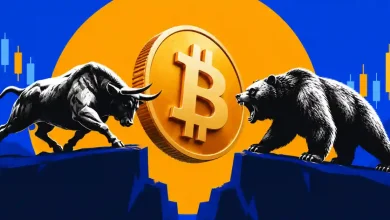 Bull and bear facing off around a Bitcoin token between candlestick charts.