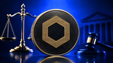 Chainlink token centered near scales of justice, a gavel, and a courthouse silhouette.