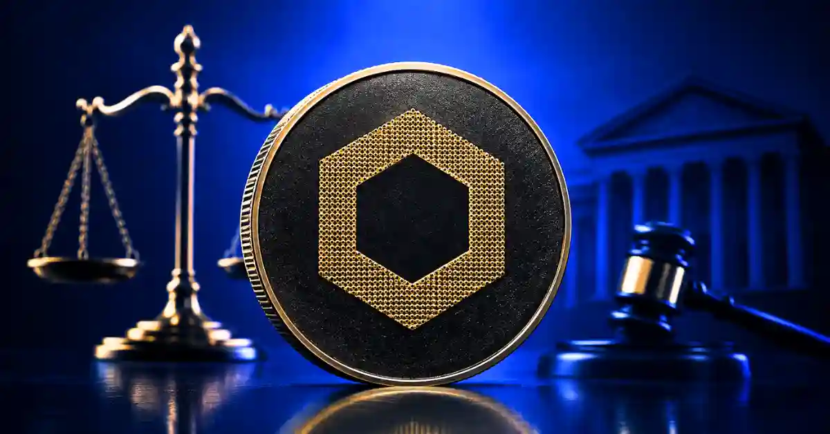 Chainlink token centered near scales of justice, a gavel, and a courthouse silhouette.