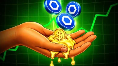 Chainlink coins falling into open hand holding liquid dollar gold over chart background.