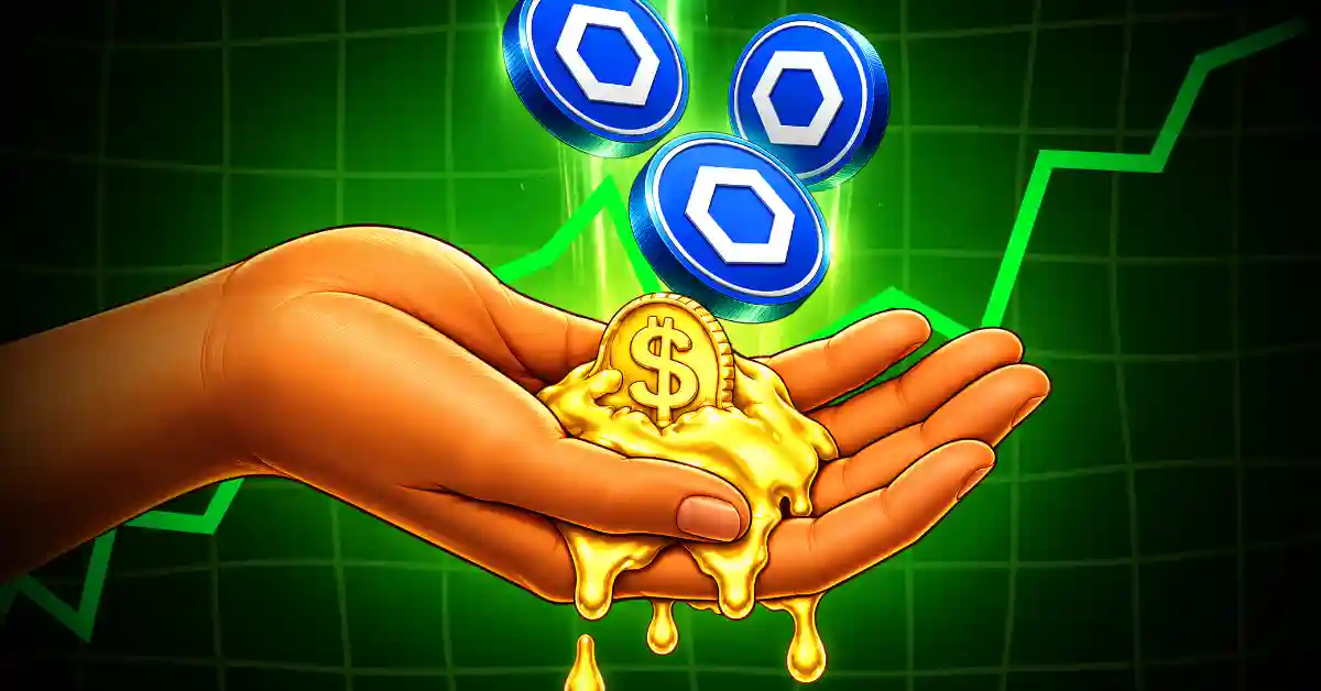Chainlink coins falling into open hand holding liquid dollar gold over chart background.