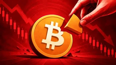 Hand pulling a piece off a Bitcoin pie chart against a falling red market chart.