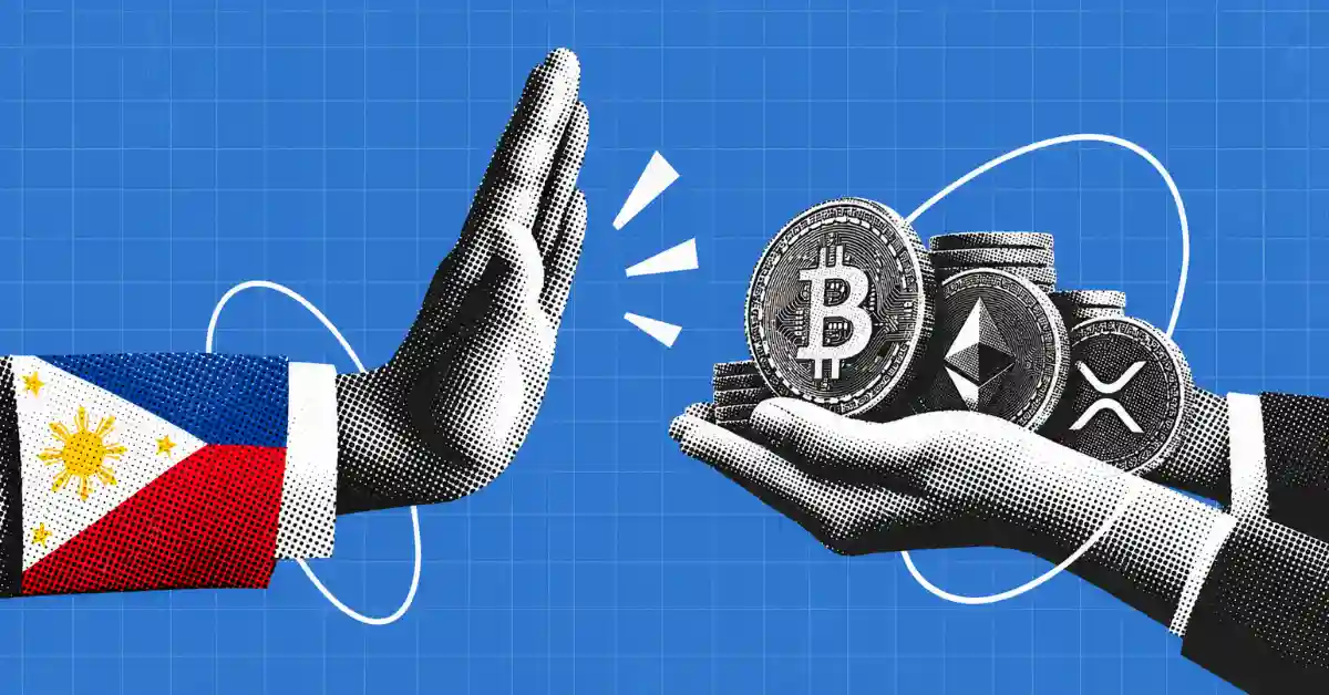 Philippines flag sleeve stopping hand offering crypto coins.