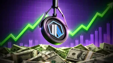 Mechanical claw grabbing Arbitrum coin over cash pile.