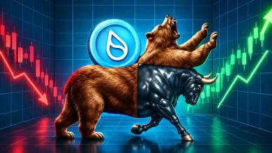 Bull and bear fighting near Sui coin and market charts.