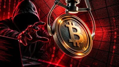 Hooded hacker reaching for Bitcoin held by claw.