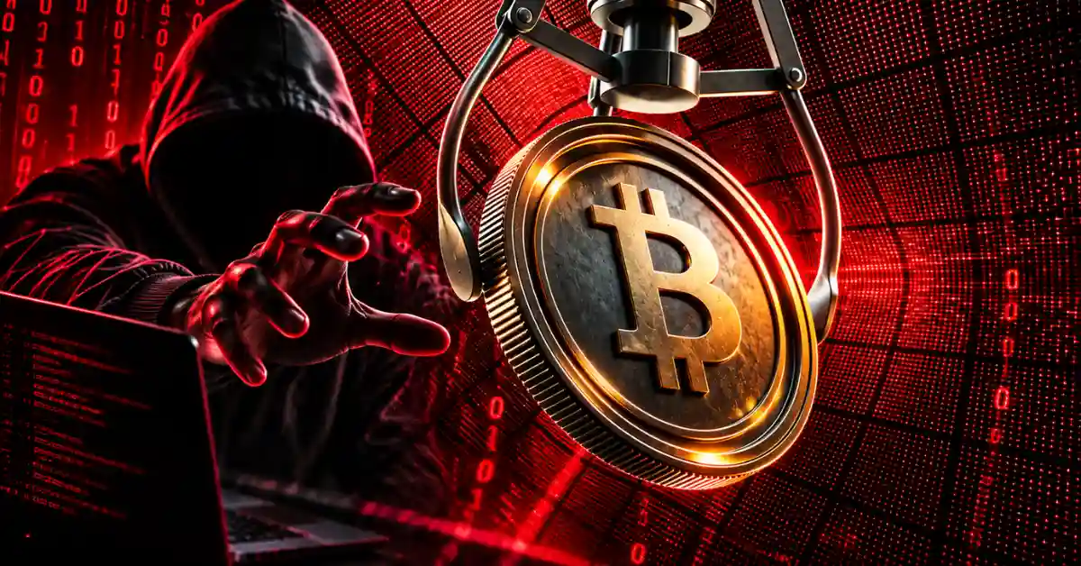 Hooded hacker reaching for Bitcoin held by claw.
