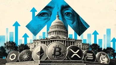 Crypto coins in front of Capitol building with upward arrows.