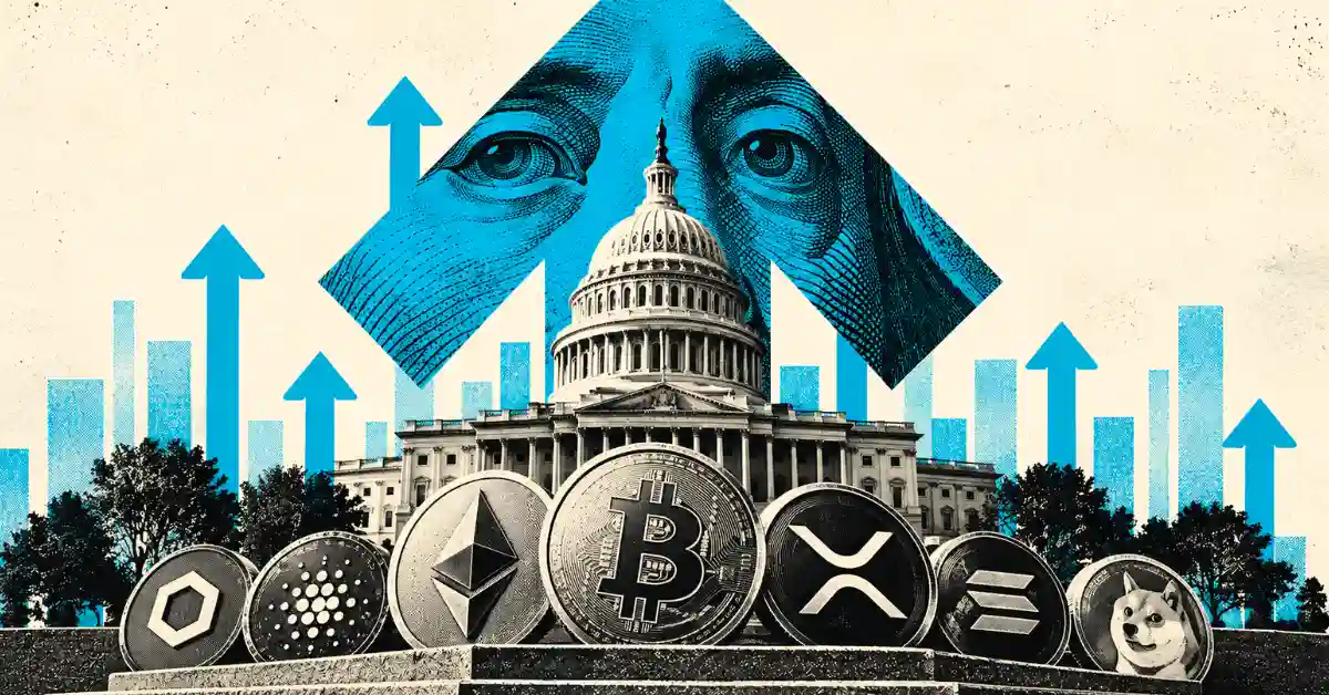 Crypto coins in front of Capitol building with upward arrows.