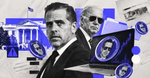 Hunter Biden and Joe Biden portraits with LAPTOP memecoins and a laptop.