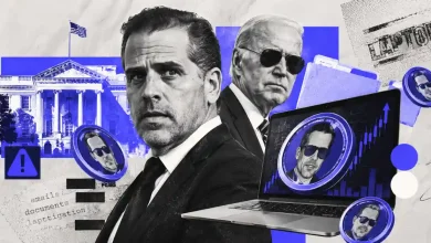 Hunter Biden and Joe Biden portraits with LAPTOP memecoins and a laptop.