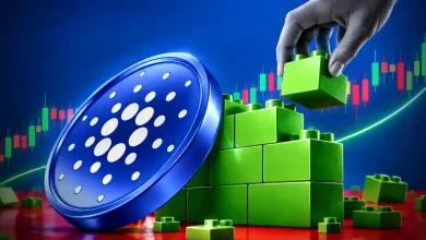 Cardano coin beside building blocks with rising candlestick chart.